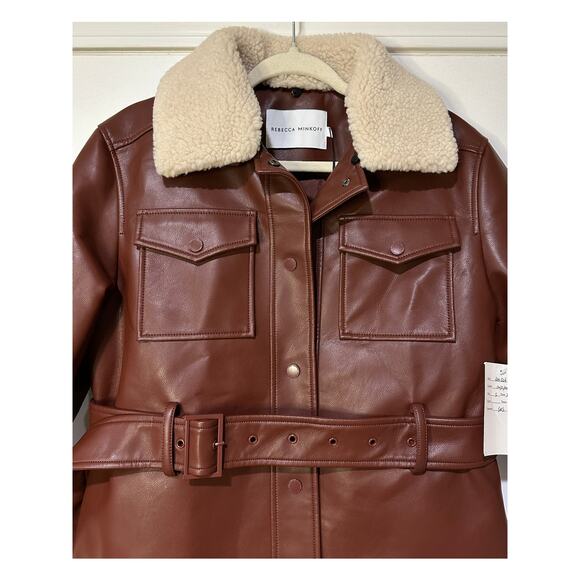 Rebecca Minkoff Faux Leather Jacket Chestnut Size Small NWT Shearling Collar - Picture 3 of 14